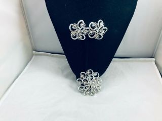 Vtg.  Sarah Coventry Silver Tone & Ab Rhinestone Swirl Flower Earrings/brooch