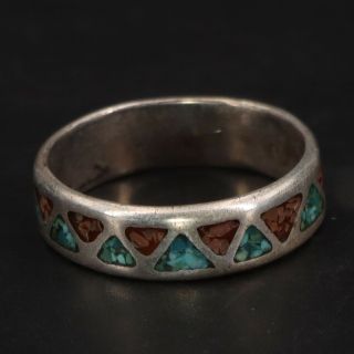 Vtg Sterling Silver - Navajo Coral & Turquoise Inlay Band Ring Size 10.  25 - 3.  5g