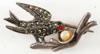 Vintage Sterling Silver And Marcasite Bird On A Nest Brooch Pin