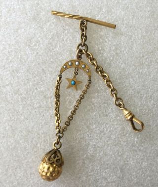 Antique Victorian R.  F.  S.  Gold Filled Crescent Moon,  Seed Pearls Star Fob Chain.