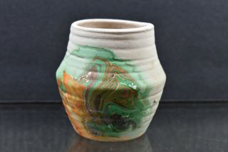 Vtg Nemadji Native Clay Pottery Vase Orange Green Brown Swirl 3 " Marked
