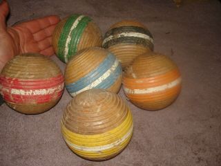 6 Antique Wooden Wood Striped Croquet Balls Game Decor Bin 933