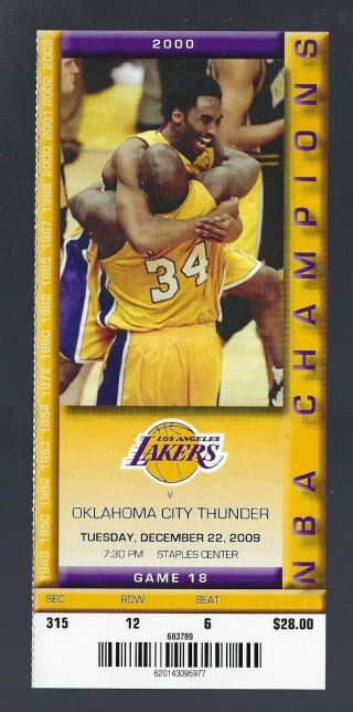 2009 - 10 Nba Thunder @ Los Angeles Lakers Full Ticket - Kobe Bryant 12/22