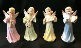 Set Of 4 Sweet Vintage Unmarked Tall Ceramic Angels W Musical Instruments Japan