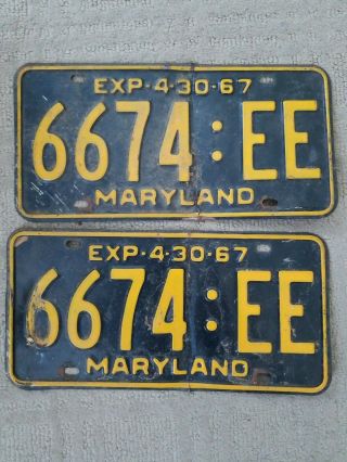 Vintage 1967 Maryland License Plate Pair.  6674:ee