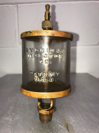 American Injector Co.  Brass Oiler Embossed Glass Hit Miss Gas Engine Antique 2
