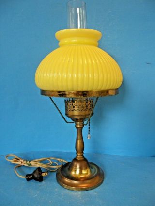 Vintage Antique Brass Desk - Table Lamp With Yellow Cased Glass Shade