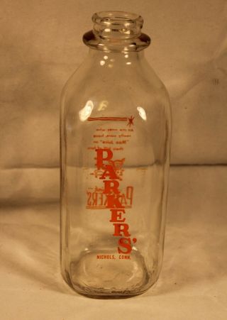 Vintage One Quart Parkers Dairy Glass Milk Bottle Nichols Conn