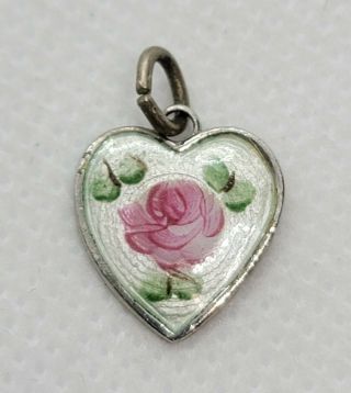 Vintage Wells Sterling Silver Guilloche Enamel Rose Heart Charm Pendant