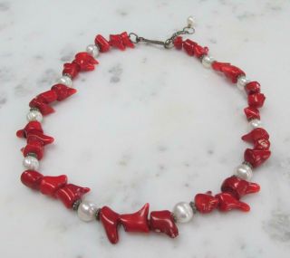 Vintage Beaded Coral And Pearl Strand Necklace 14 - B2963