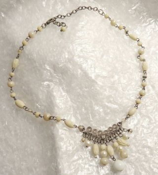 Vintage Carved Bovine Bone Beaded Drop Necklace 16 " Fx Pearls Silver Tone Swirls