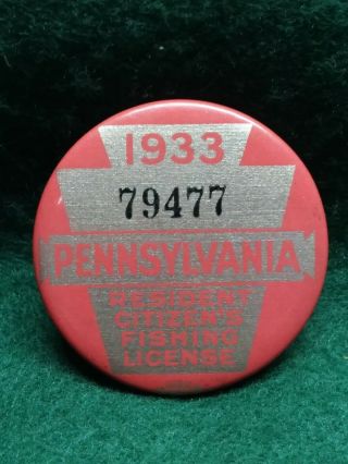 Vintage 1933 Pa Pennsylvania Fishing License Button With Matching Paper License