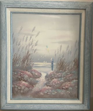 Vintage Oil Painting Signed T.  Stewart - Beach Seagulls Flowers Boy Baloon Canvas