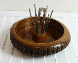 Vintage Wooden Log Rustic Bark Nut Bowl With Nut Cracker And 6 Picks 9 In.  Wide