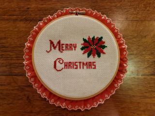 Vintage Handmade Merry Christmas Cross Stitch Picture Finished Decor Poinsettia