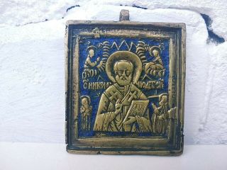 Antique 19th Russian Orthodox Bronze Icon St Nicholas,  Blue Enamel.