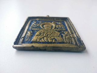 Antique 19th Russian Orthodox bronze icon St Nicholas,  Blue enamel. 3