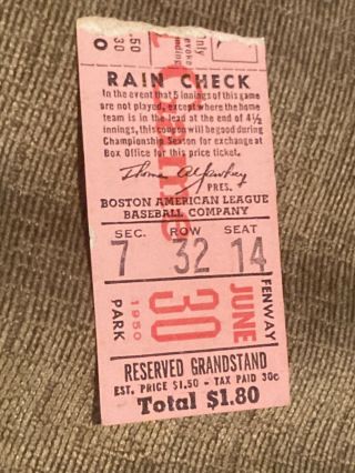Boston Red Sox Ticket Stub Fenway Park June.  30,  1950