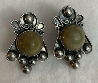 Vtg Sterling Silver Screw Back Earrings With Stone - Mexico