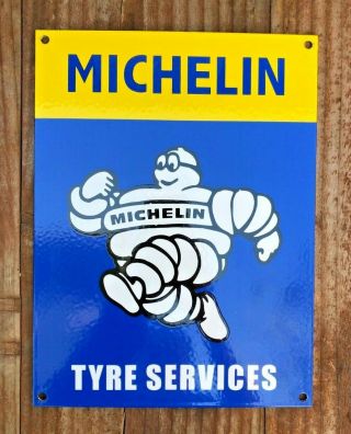Vintage Michelin Man Tyre Services 9 X12 " Porcelain Enamel Sign,  Gas Pump Ad