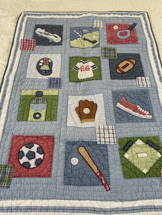 Pottery Barn Vintage Hand Quilted Applique Sports Quilt 34 " X 47 " Baby 610