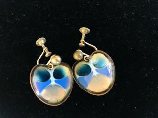 Vintage Mid Century Modernist “ Hogan Bolas”copper Brass Blue Enamel Earrings
