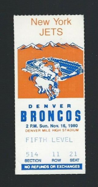 Vintage 1980 Nfl York Jets @ Denver Broncos Football Ticket Stub