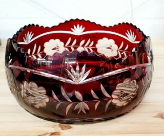 Large Antique Ruby Red Cut To Clear Glass Bowl
