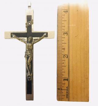 Antique Pectoral Crucifix Silver Ebony Inlay Cross Christ Corpus Italy 4.  25”
