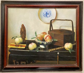 Antique Asian Still Life Oil Painting On Board Peaches Unsigned Framed