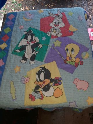 Vtg Warner Bros Baby Looney Tunes Blanket Comforter Quilt Bugs Tweety Babies