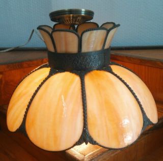 Antique Vtg Filigree Tulip Bent Slag Glass Lamp Shade Caramel Beige Tan Large 18