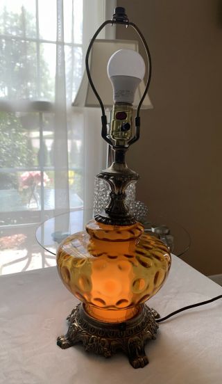 Vintage Mid Century Modern Amber Glass Thumbprint Lamp Circa 1960s 3 - Way 21” Tal
