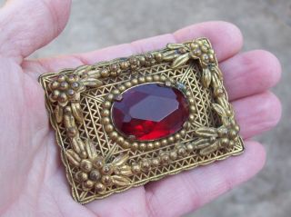 Vintage Antique Art Deco Gold T Filigree Ruby Red Glass Big Buckle Style Brooch