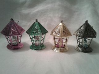 Vintage Set Of 4 Plastic Christmas Ornaments - Lanterns With Flame
