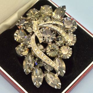 Vintage Brooch Large 1960s " Black Ice " Crystal Silvertone Bridal Jewellery