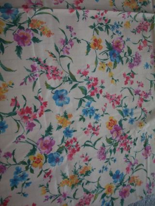 Vintage Cotton Blend Fabric Blue Purple Yellow Red Flowers 4 Yds,  24 " X 43 "