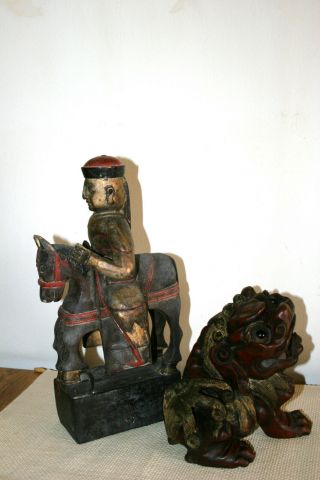 Old Chinese Wood Statues Of A Foo Dog And A Worrier On A Horse