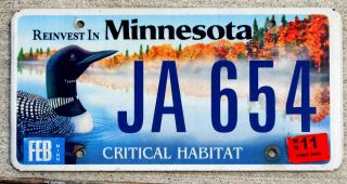 " Reinvest In " Minnesota Critical Habitat Loon License Plate With A 2011 Sticker