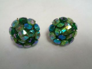 Vintage Signed Vogue Green Blue Aurora Borealis Glass Beaded Cluster Earrings