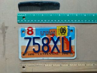 License Plate,  Utah,  Centennial Specialty,  Motorcycle,  White Utah,  758 Xu