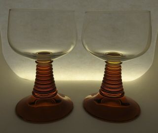 2 Large Vintage Crystal German Roemer Wine Goblets Glasses Amber Beehive Stems