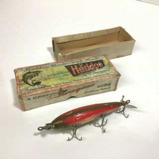 Vintage Heddon 150 Dowagiac 5 Hook Minnow Fishing Lure Wooden Gold Eyes W/ Box
