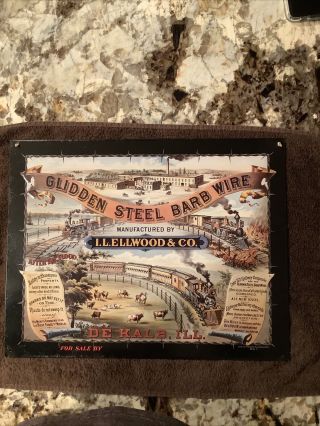 Glidden Steel Barb Wire Vintage Train Sign De Kalb,  Ill.  I.  L.  Ellwood & Co