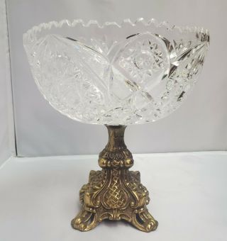 Vintage Hollywood Regency Ornate Gold Brass Pressed Glass Compote Pedestal Bowl