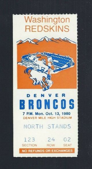Vintage 1980 Nfl Washington Redskins @ Denver Broncos Football Ticket Stub