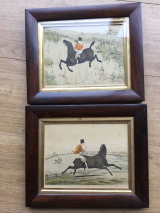 Pair Antique Victorian 19th Century Framed Fox Hunting Prints Comical Cartoons