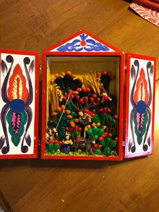 Vintage Mexican Folk Art Miniatures Pottery Shadow Box Diorama Peasants W/cactus