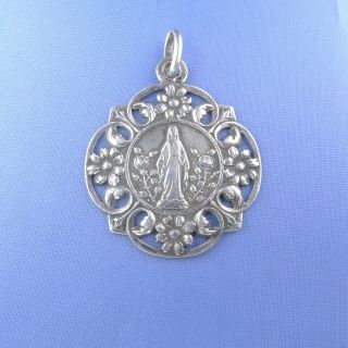 Virgin Mary Medal Antique Sterling Silver Pendant
