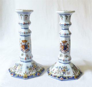 Good Pair Antique Late 19th Early 20th C French Faience Pottery Candlesticks
